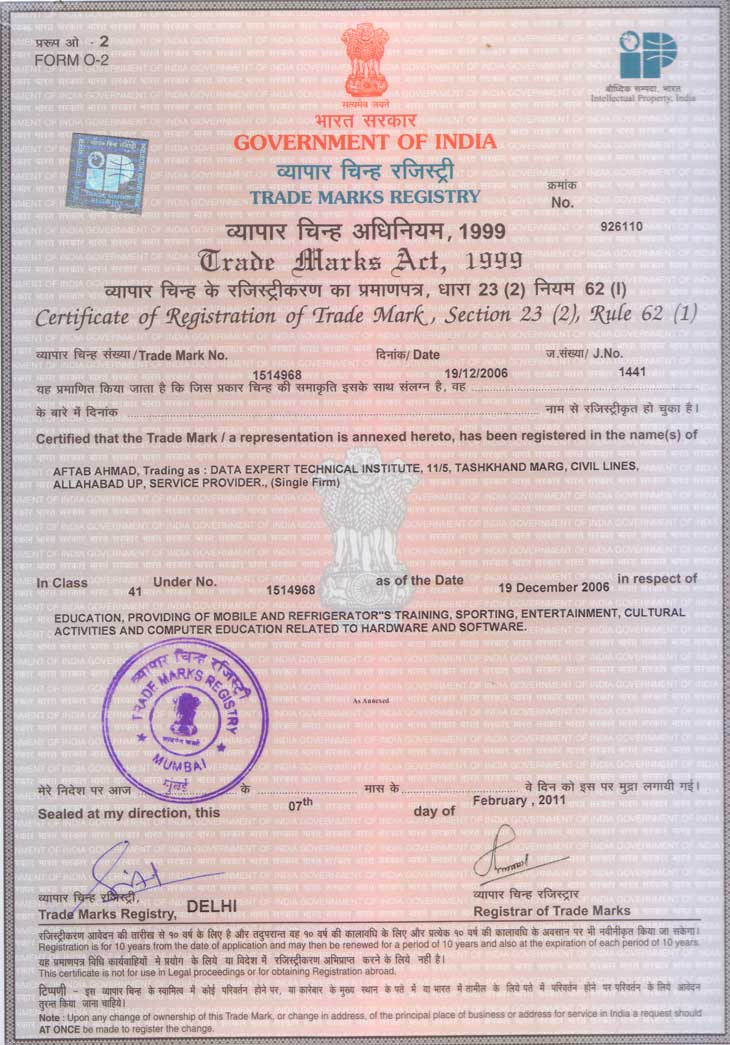 Trade Marks Certificate